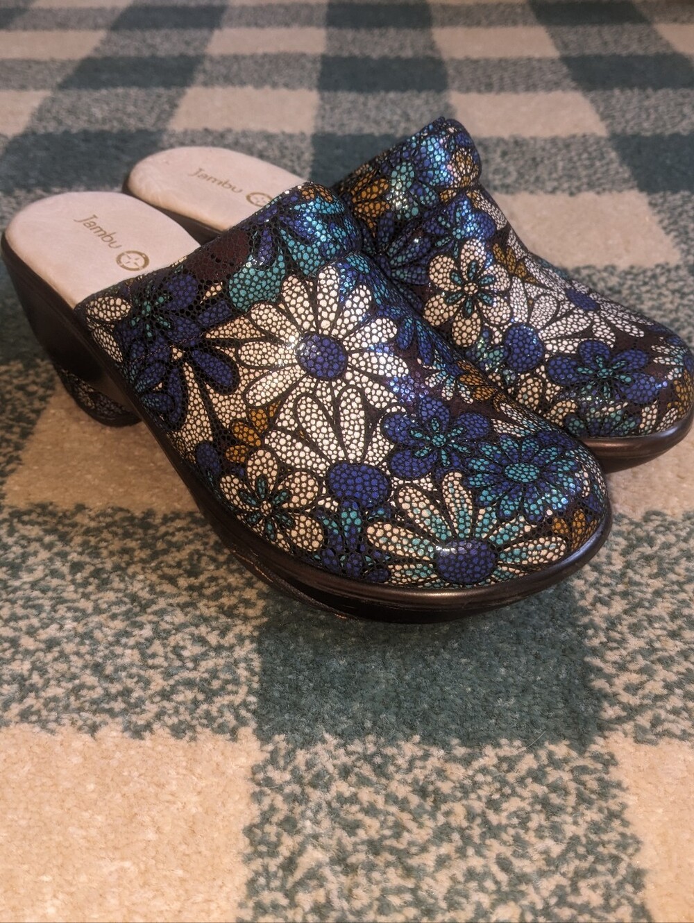 Jambu Sport Wedge Blue Metallic Floral Pattern Platform Clog Mule Size 7